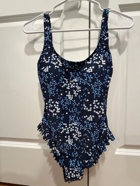 Micheal Kors Size 8 Navy Floral Ruffle One-Piece Swimsuit